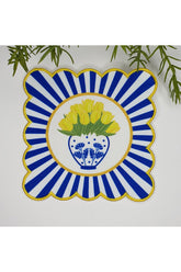 Decorative Edge Blue Vase and Yellow Tulips Patterned Embroidered Edge Fabric Cocktail Napkin 1 Piece